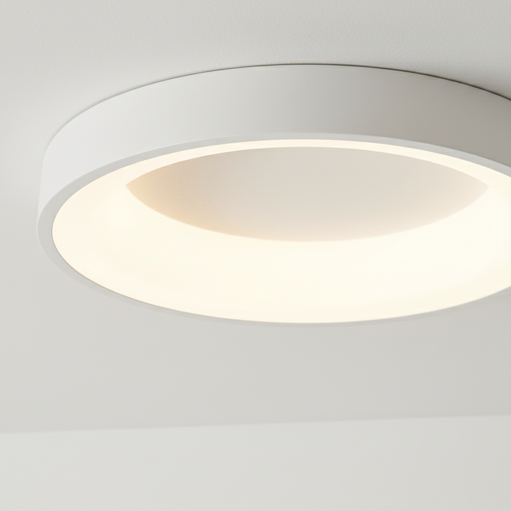 Sleek white Scandinavian round LED ceiling lamp, ideal for bedroom and hallway lighting.