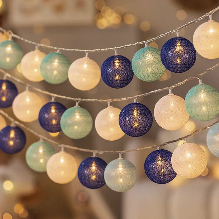 Bedroom decorated with warm LED cotton ball fairy lights, enhancing the room's cozy ambiance.