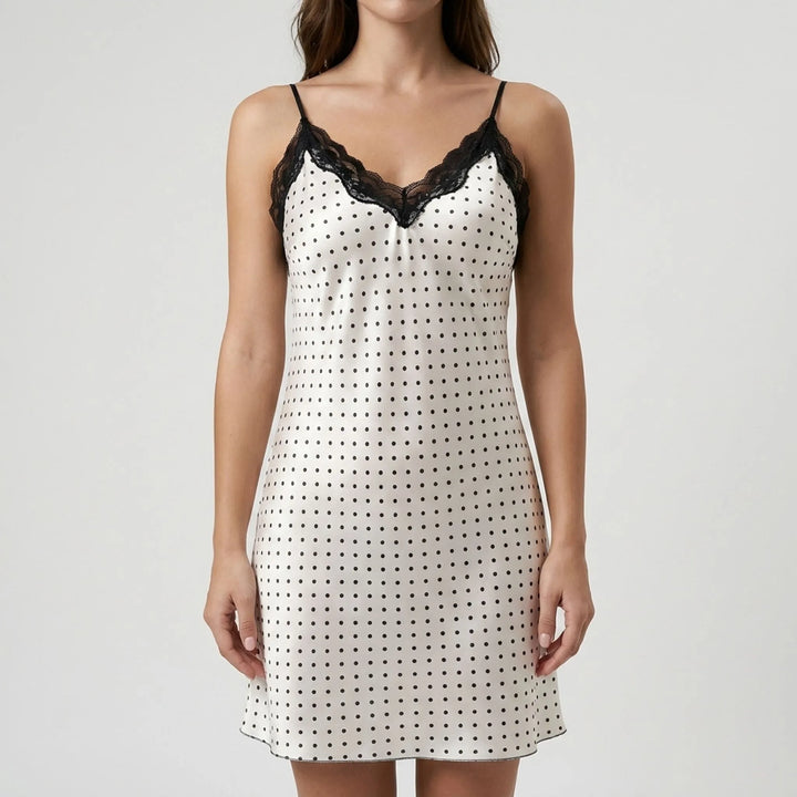 Elegant women's sleeveless polka dot mini nightgown. Lightweight and comfortable summer sleepwear with a V-neck.