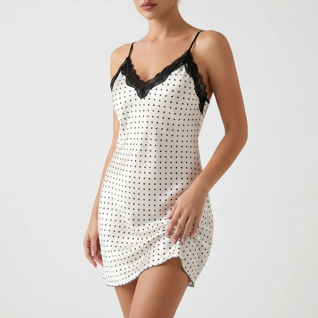 Stylish women's sleeveless mini nightgown with polka dots. Breathable summer loungewear and sleepwear.
