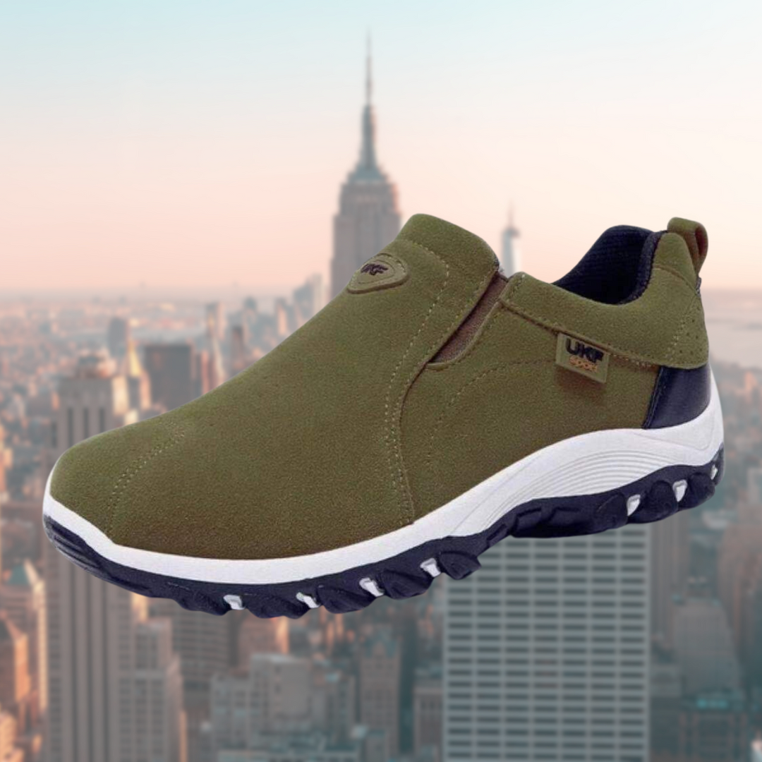 Durable men's slip-on shoes, orthopedic features, cushioned comfort, non-slip.