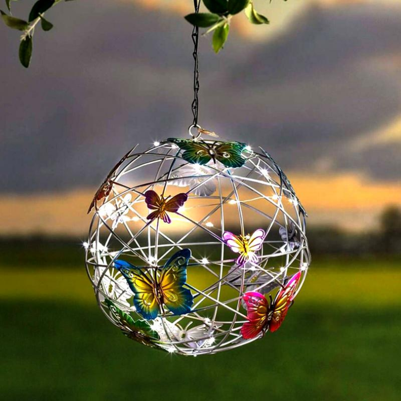 Enchanting solar butterfly garden lamp. Decorative hanging outdoor light for patio, LED, long-lasting, eco-friendly.