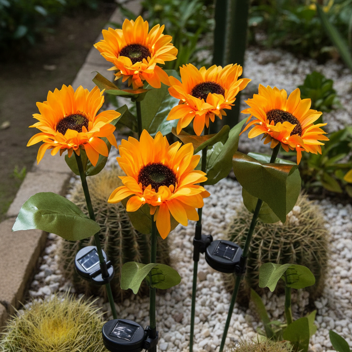 Bright LED sunflower solar lights, perfect for garden decor. Waterproof design enhances outdoor lighting.
