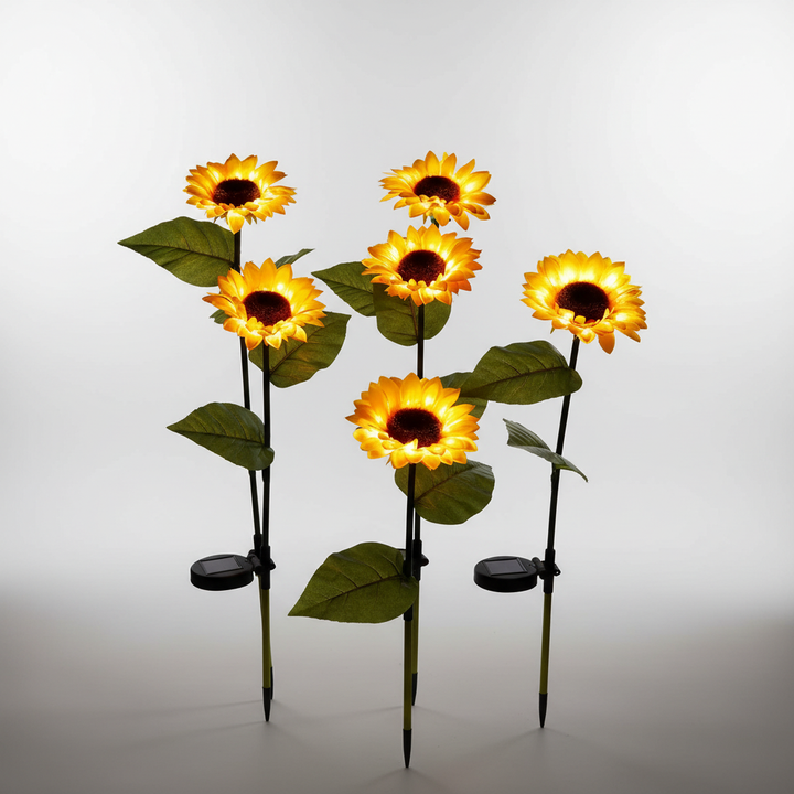 Stunning solar-powered sunflower lights adding charming decor & warm outdoor illumination to any garden.