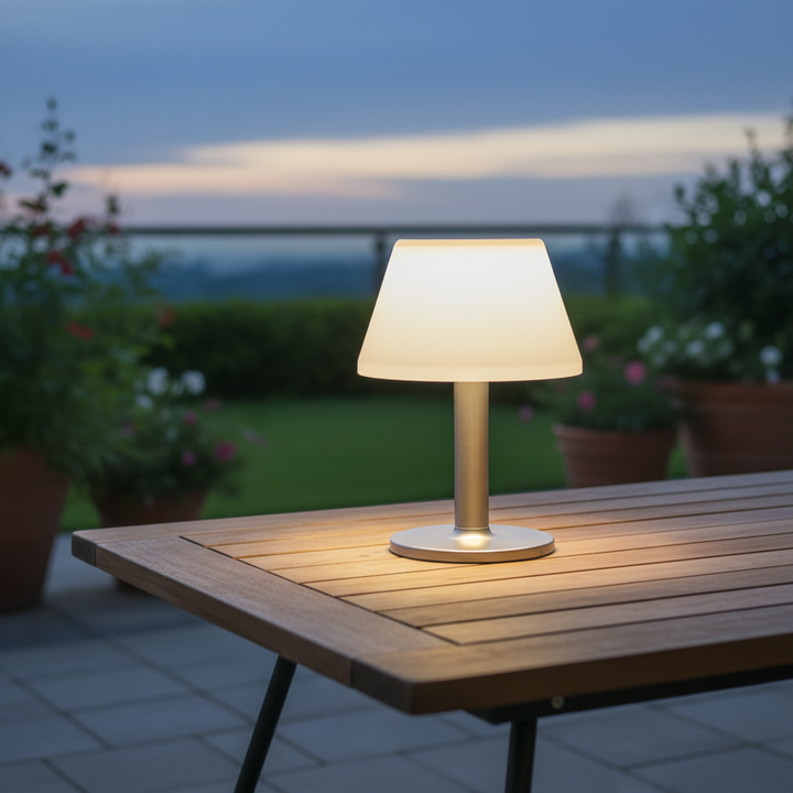 Elegant solar table lantern provides ambient outdoor lighting for patios, gardens & balconies. Weatherproof & energy-efficient.