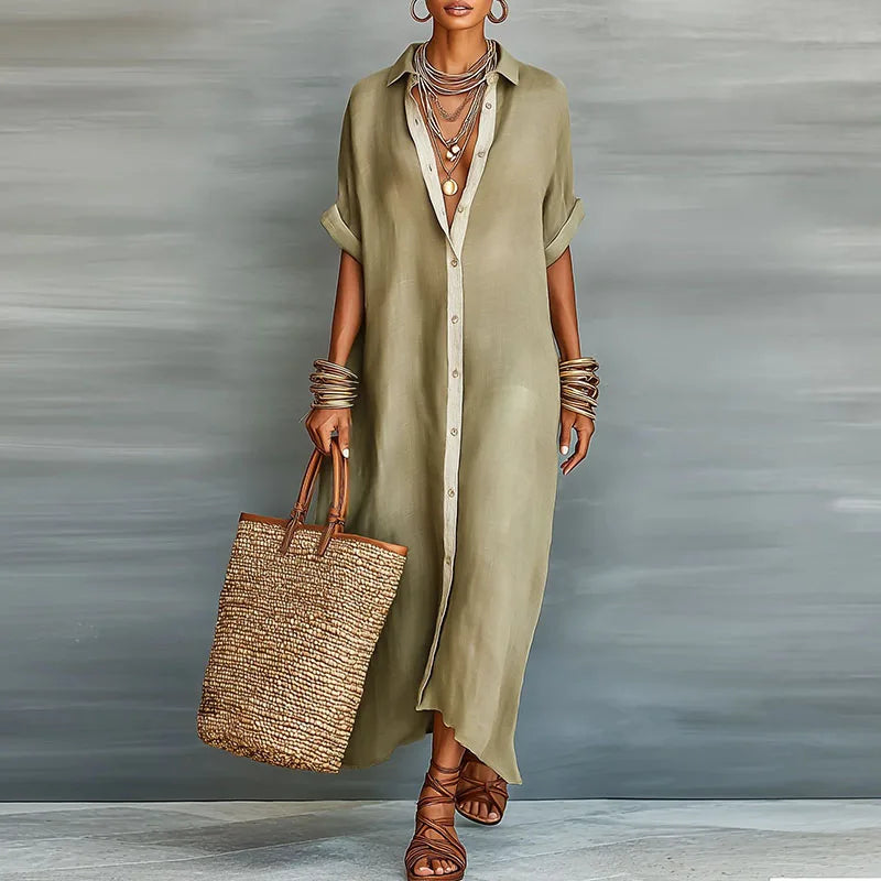 Elegant women's button-down maxi dress with collar, perfect for summer & versatile style.