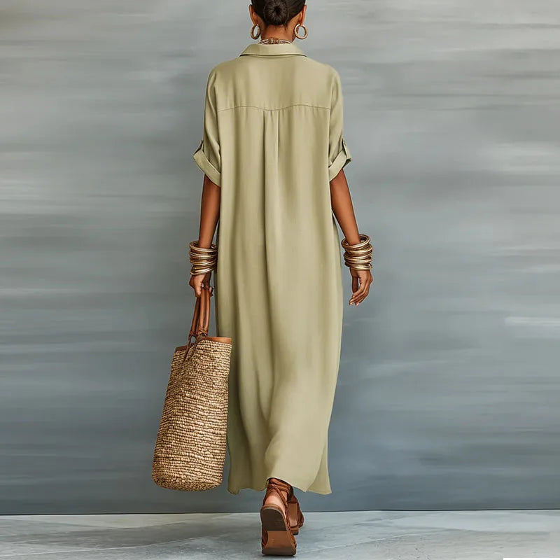 Relaxed fit women's flowy maxi shirt dress, great for casual elegance & vacation wear.