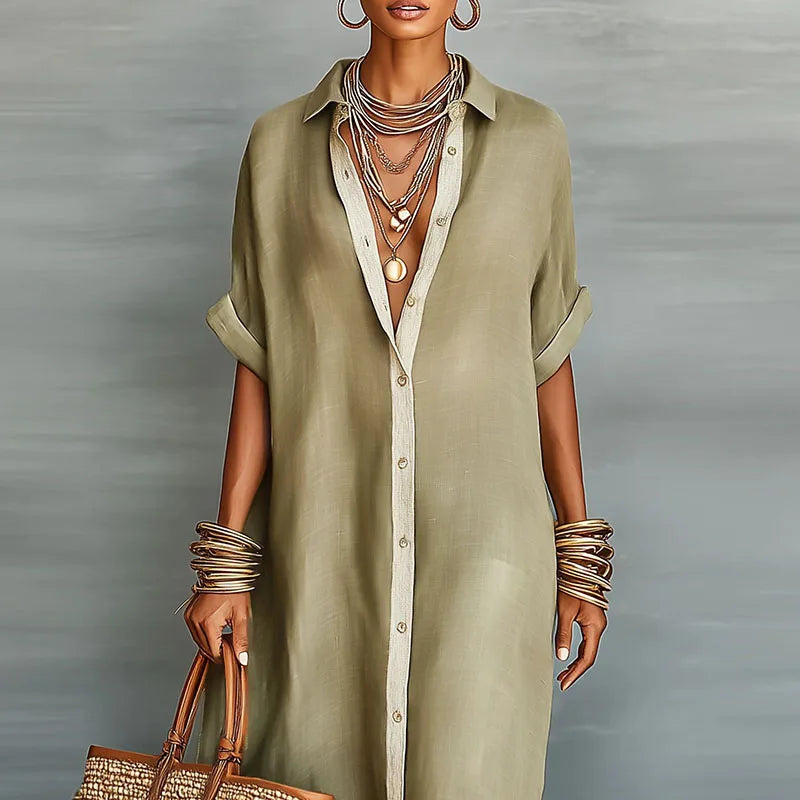 Women's collared button-down maxi dress, elegant and versatile for summer or casual chic.