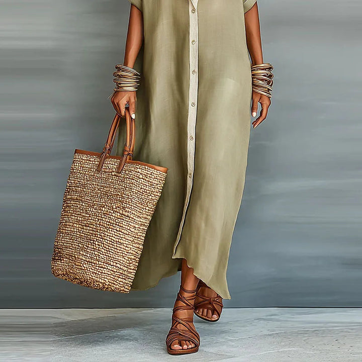 Chic women's button-down shirt maxi dress, an elegant and comfortable summer or vacation style.