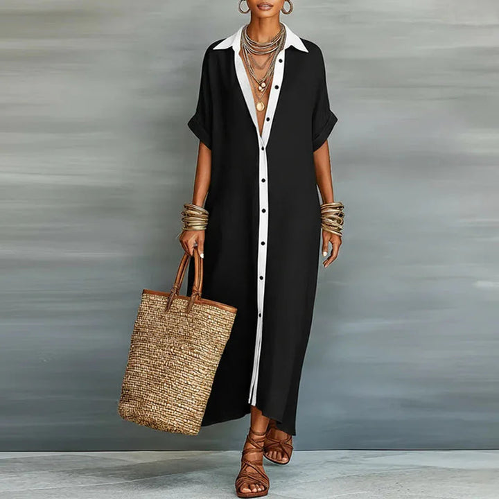 Flowy women's relaxed fit maxi dress with buttons, an elegant choice for casual summer comfort.