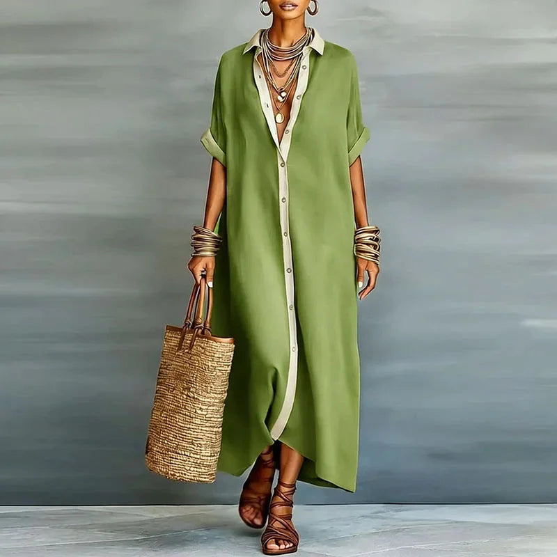 Stylish women's elegant button-down maxi dress, perfect as a versatile summer or vacation shirt dress.