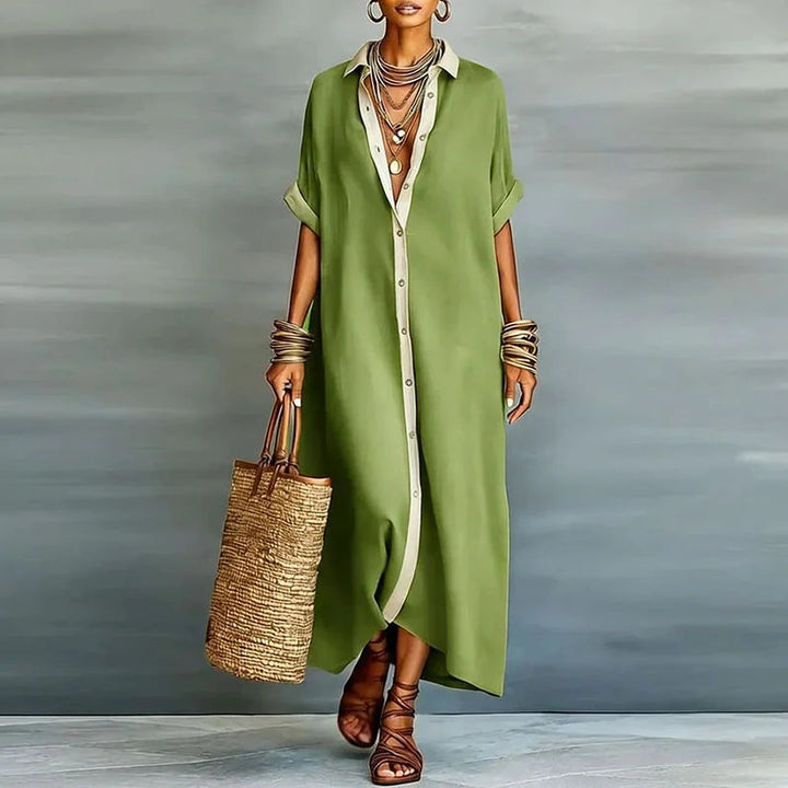 Stylish women's elegant button-down maxi dress, perfect as a versatile summer or vacation shirt dress.