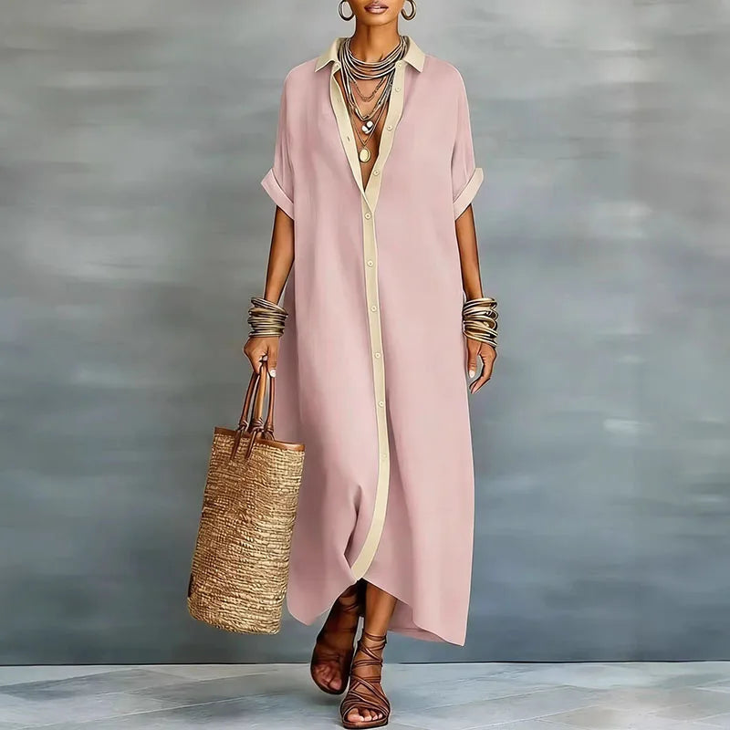 Elegant women's collared button-down maxi dress, flowy and relaxed, ideal for summer or vacation style.
