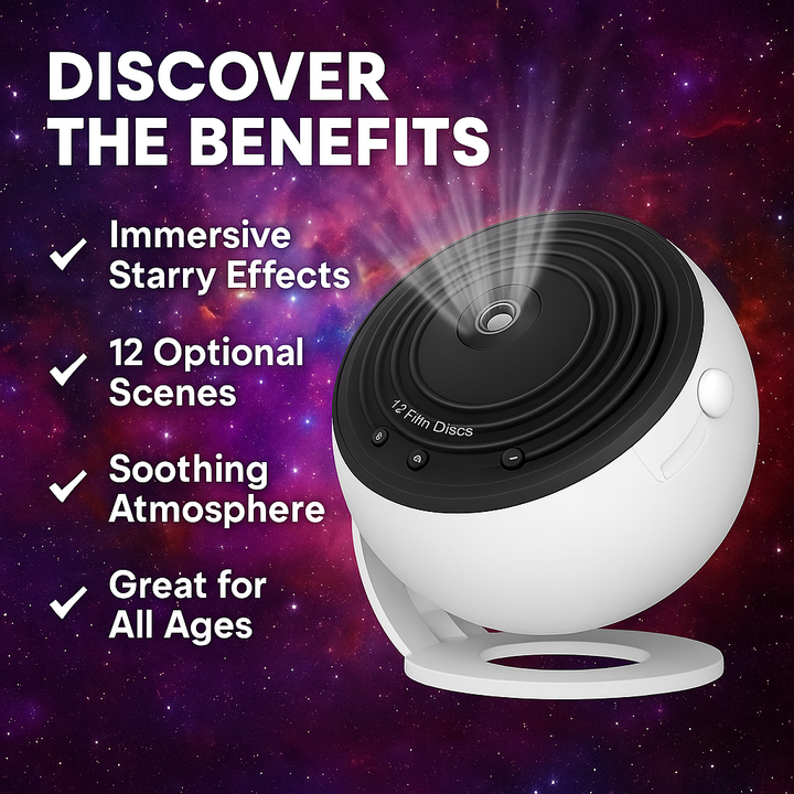 Nvroome galaxy projector light, showcasing stars, nebulae, & moon with 12 unique celestial discs for rooms.
