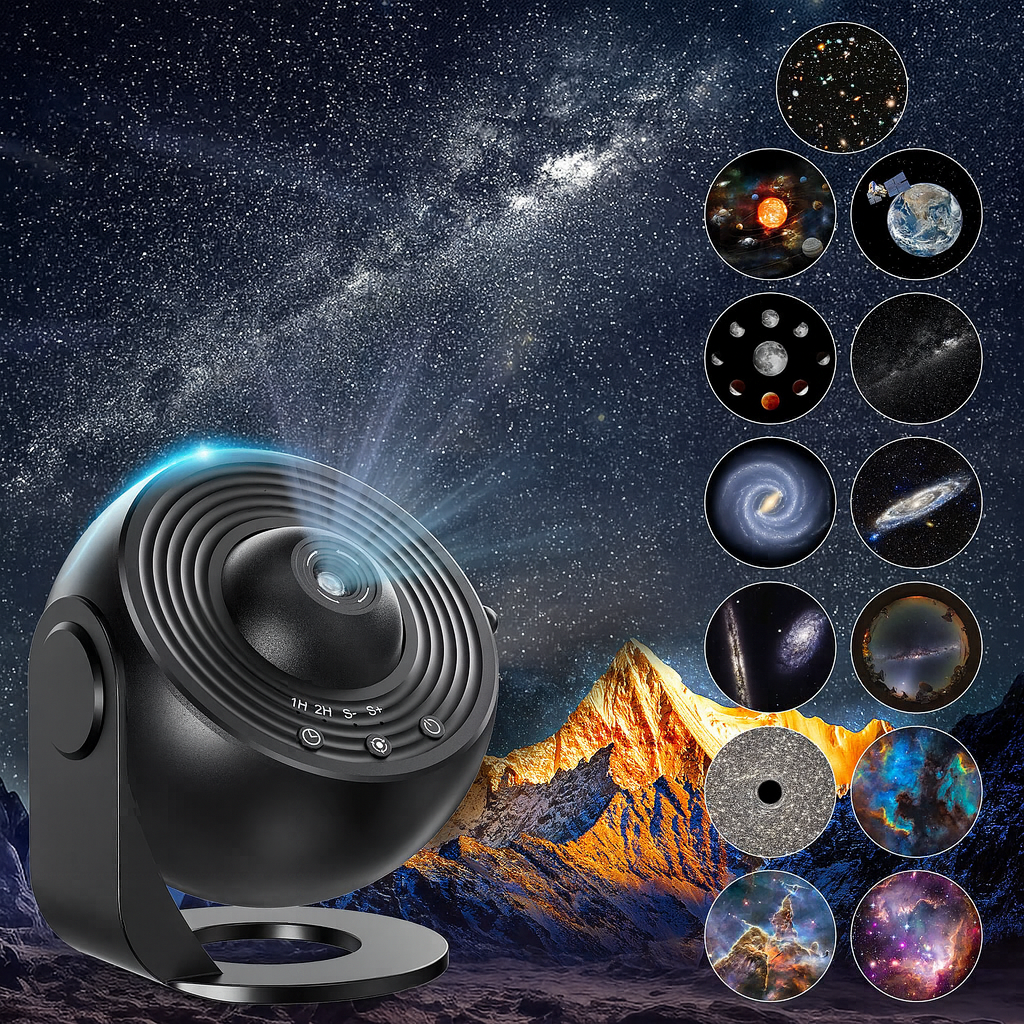 Galaxy projector night light with 12 discs, projecting stunning stars & moon for room decor & ambiance.