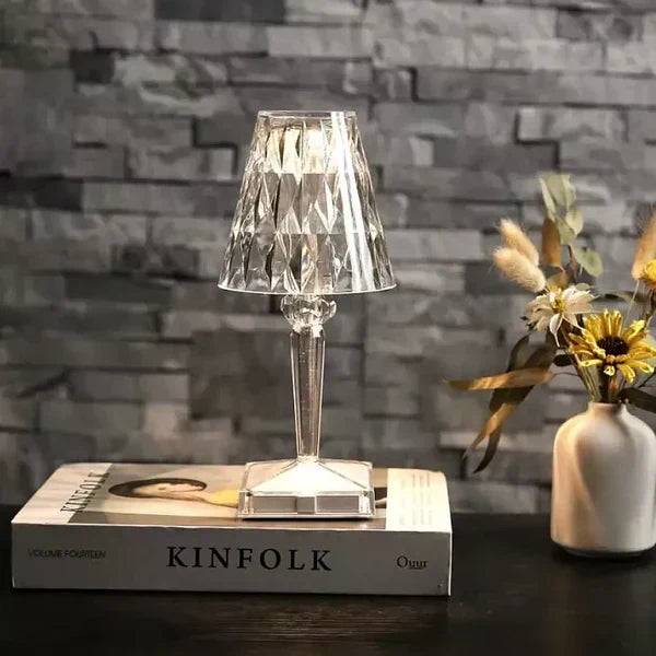 Elegant acrylic crystal lamp, touch dimming, rechargeable LED, perfect decorative accent.