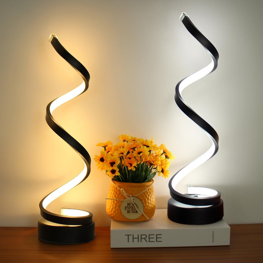Stylish dimmable LED spiral table lamp, modern helix desk light, USB powered for ambient decor.