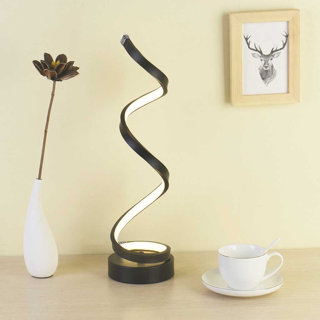 Contemporary LED spiral lamp with dimmable helix light, creating warm ambient illumination.