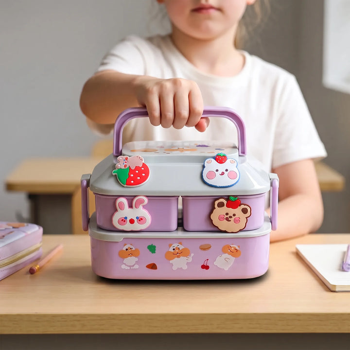 Stackable multi-tier kids lunch box with utensils. Perfect for school meals & picnics.