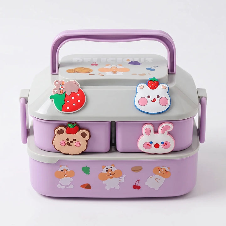 Complete stackable kids lunch box set, multi-tier design with reusable fork & spoon for school.