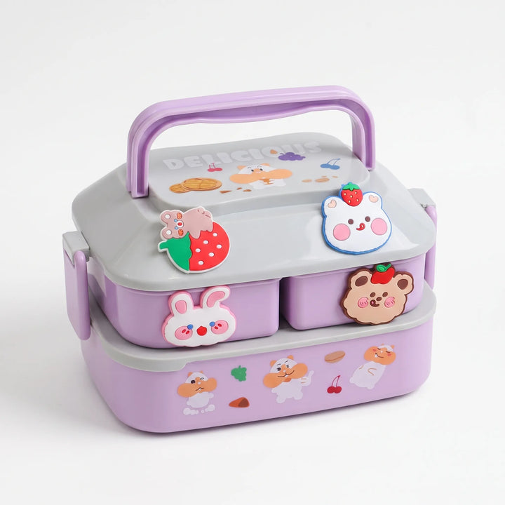 Multi-tier stackable bento lunch box for kids, keeping foods separate & organized with utensils.