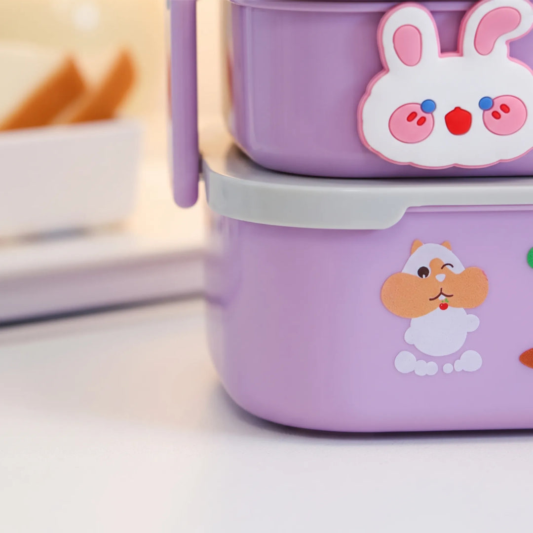 Kids stackable lunch box with fork & spoon, ideal for school, daycare, or trips. Portable food container.