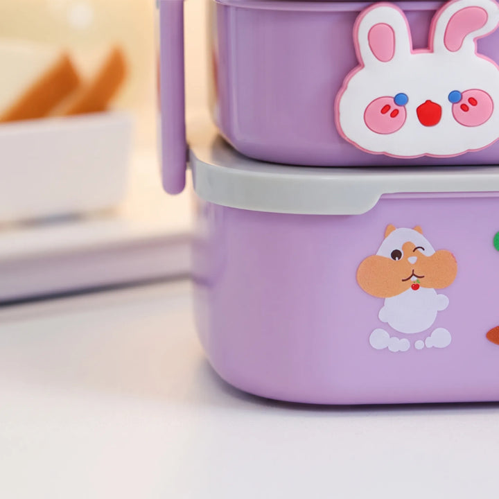 Kids stackable lunch box with fork & spoon, ideal for school, daycare, or trips. Portable food container.