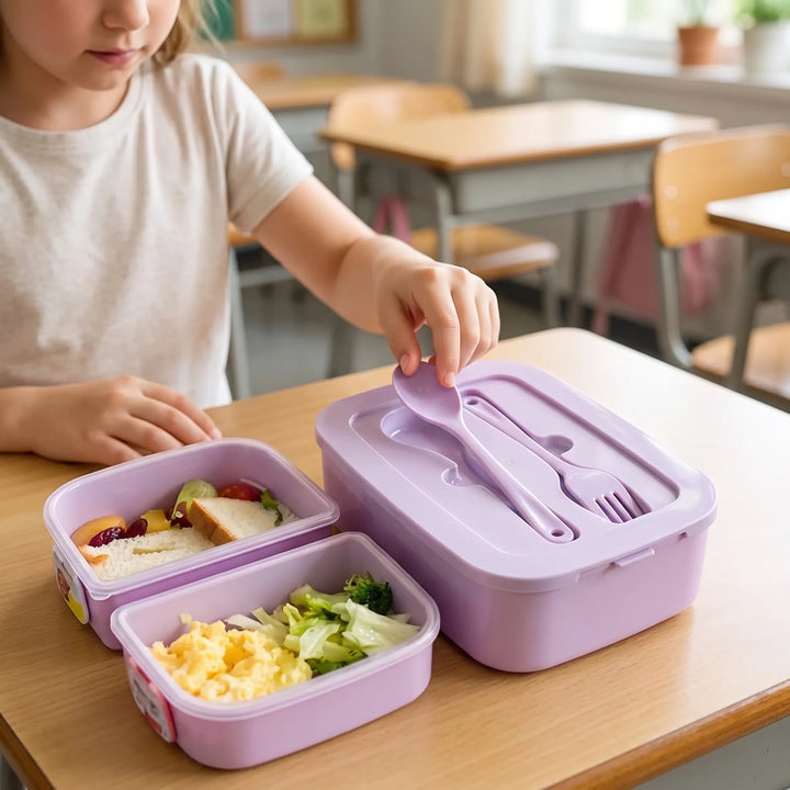 Portable multi-tier lunch box & food container for kids, complete with reusable utensils. Great for meal prep.