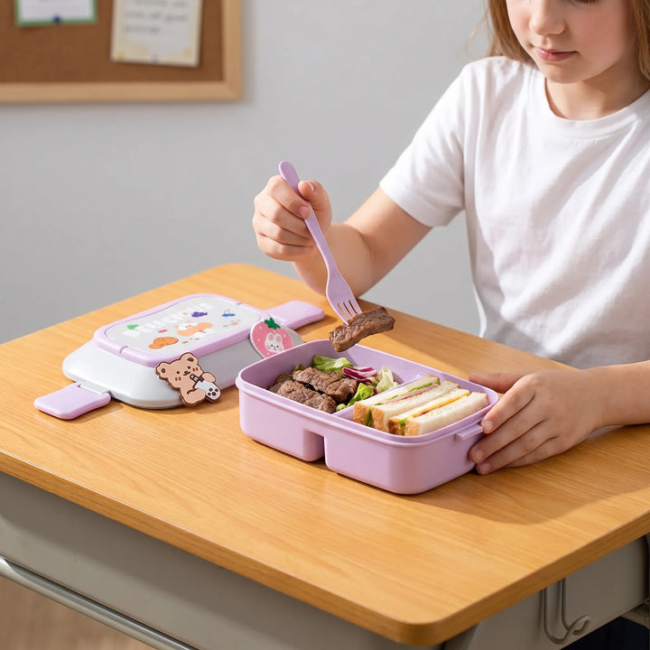 Reusable stackable kids lunch box, a multi-tier food container with handy utensils for eco-friendly meals.