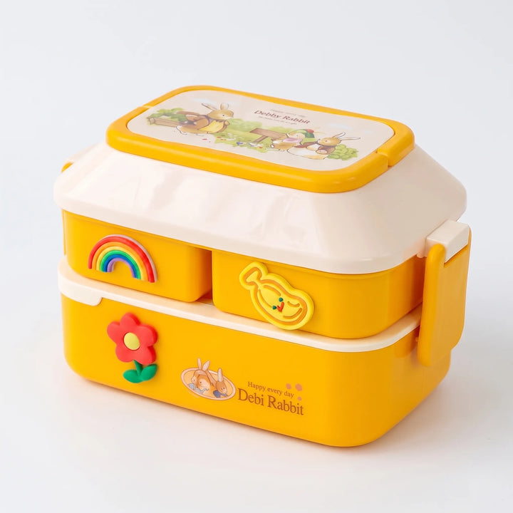 Vibrant stackable multi-tier lunch box for kids, a portable bento container with included utensils.