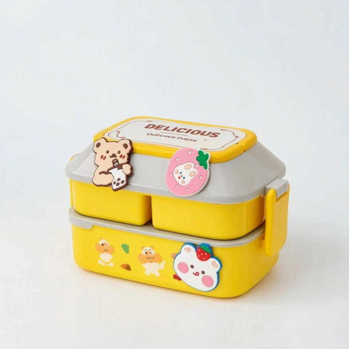 Organized stackable multi-tier lunch box for kids, keeping snacks & meals separate with utensils.