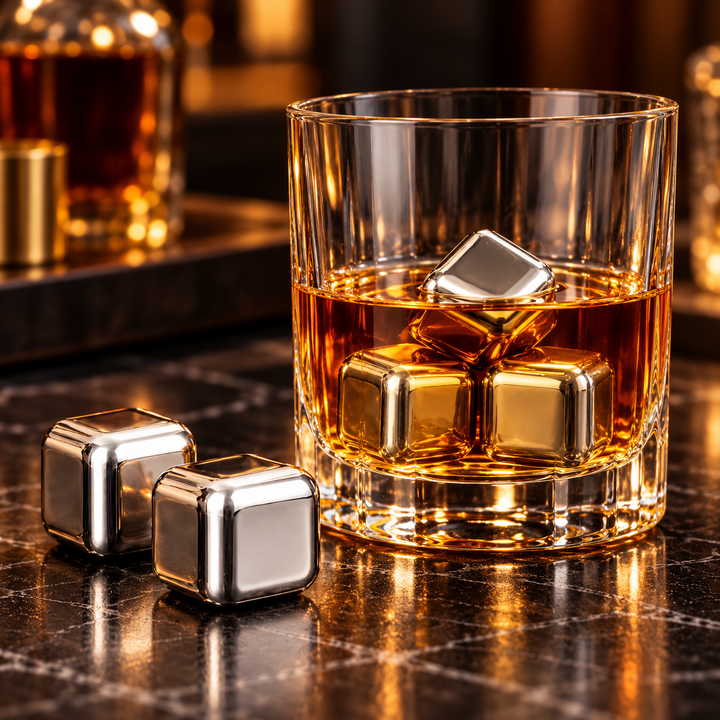 Reusable stainless steel ice cubes for drinks, an essential barware accessory for cocktails & whiskey.