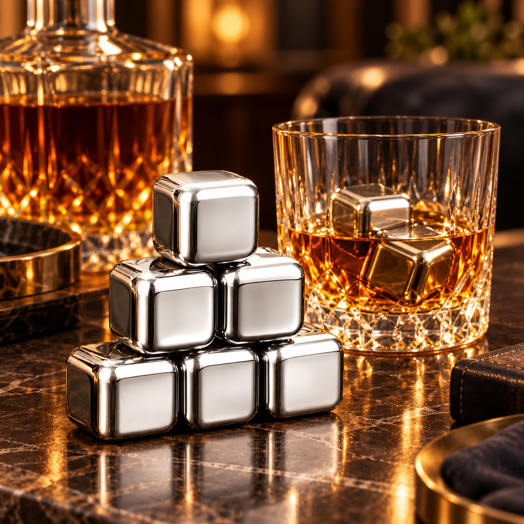 Stainless steel whiskey stones set, perfect for chilling drinks like scotch & bourbon without dilution.