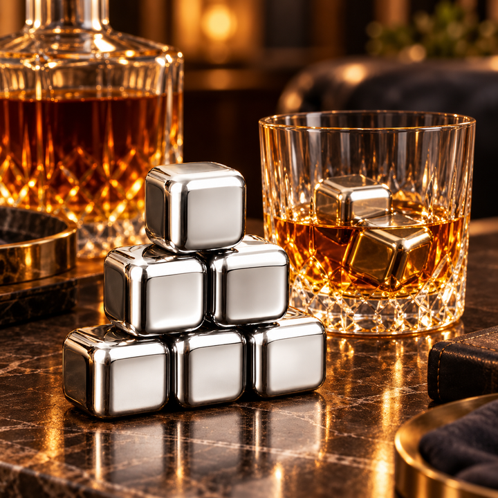 Stainless steel whiskey stones set, perfect for chilling drinks like scotch & bourbon without dilution.