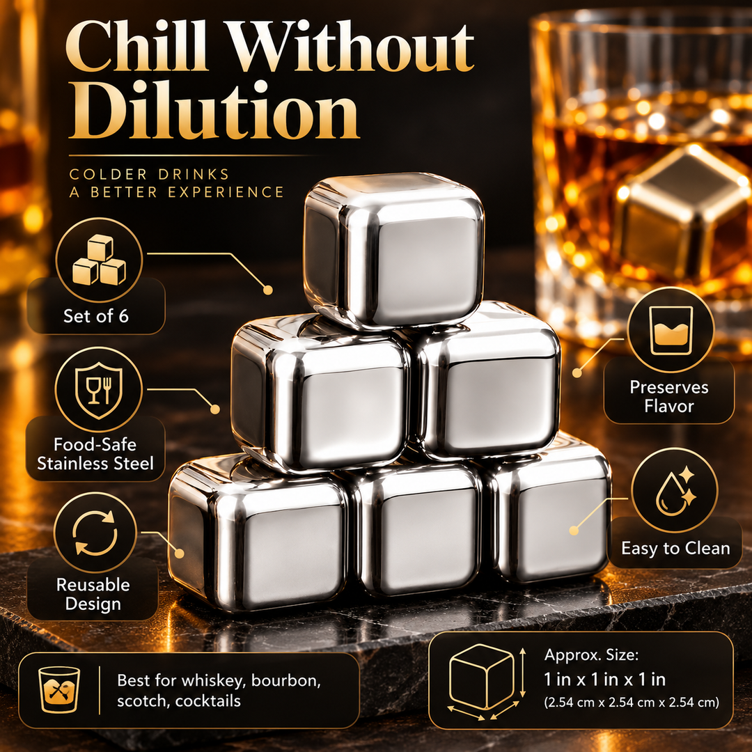 Set of stainless steel whiskey stones with tongs & velvet pouch, keeping drinks cold & pure.