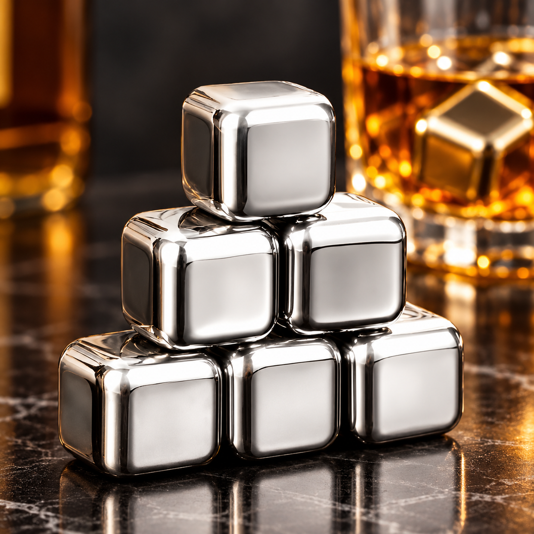 Elegant stainless steel drink chiller stones, a great home bar gift for whiskey & bourbon enthusiasts.