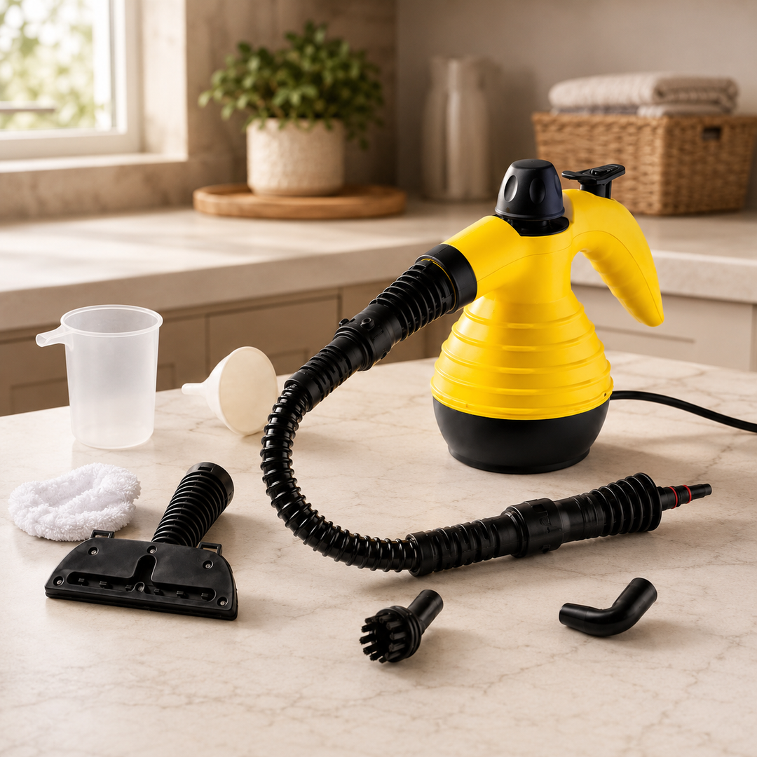 Compact Multi-Surface Steam Cleaner for powerful chemical-free deep cleaning of home upholstery, floors, and kitchen.