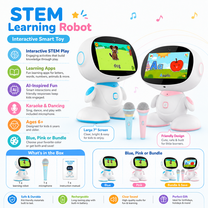 Interactive children's robot promoting STEM skills, coding, and AI learning through engaging app control.