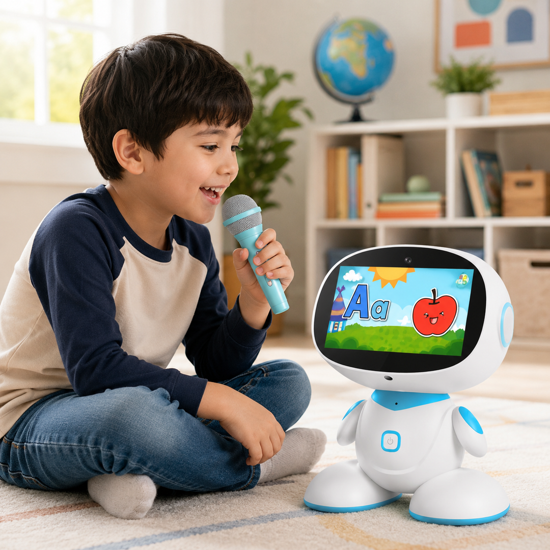 Child playing with a blue STEM robot toy, learning coding via an interactive app on a tablet.