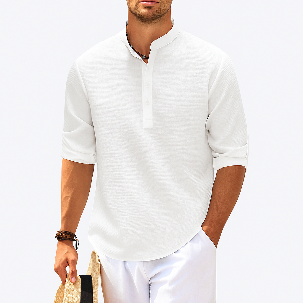 Grey men's Henley long sleeve t-shirt with classic button placket, perfect for casual smart wear.