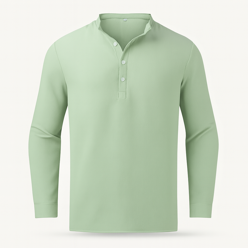 Breathable men's long sleeve Henley top. Soft casual shirt with grandad collar for comfort.