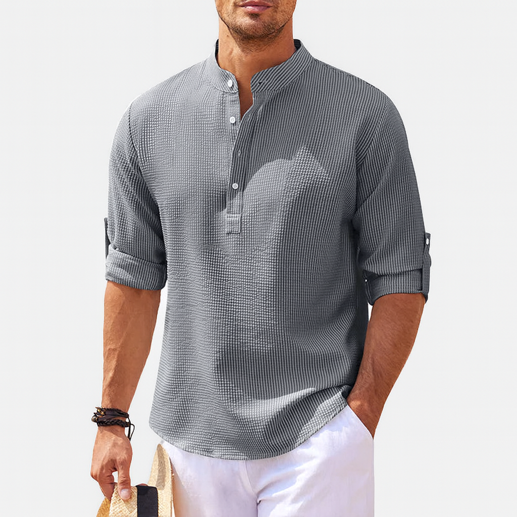 Classic men's Henley neck long sleeve top. Stylish casual shirt with buttons for everyday comfort.