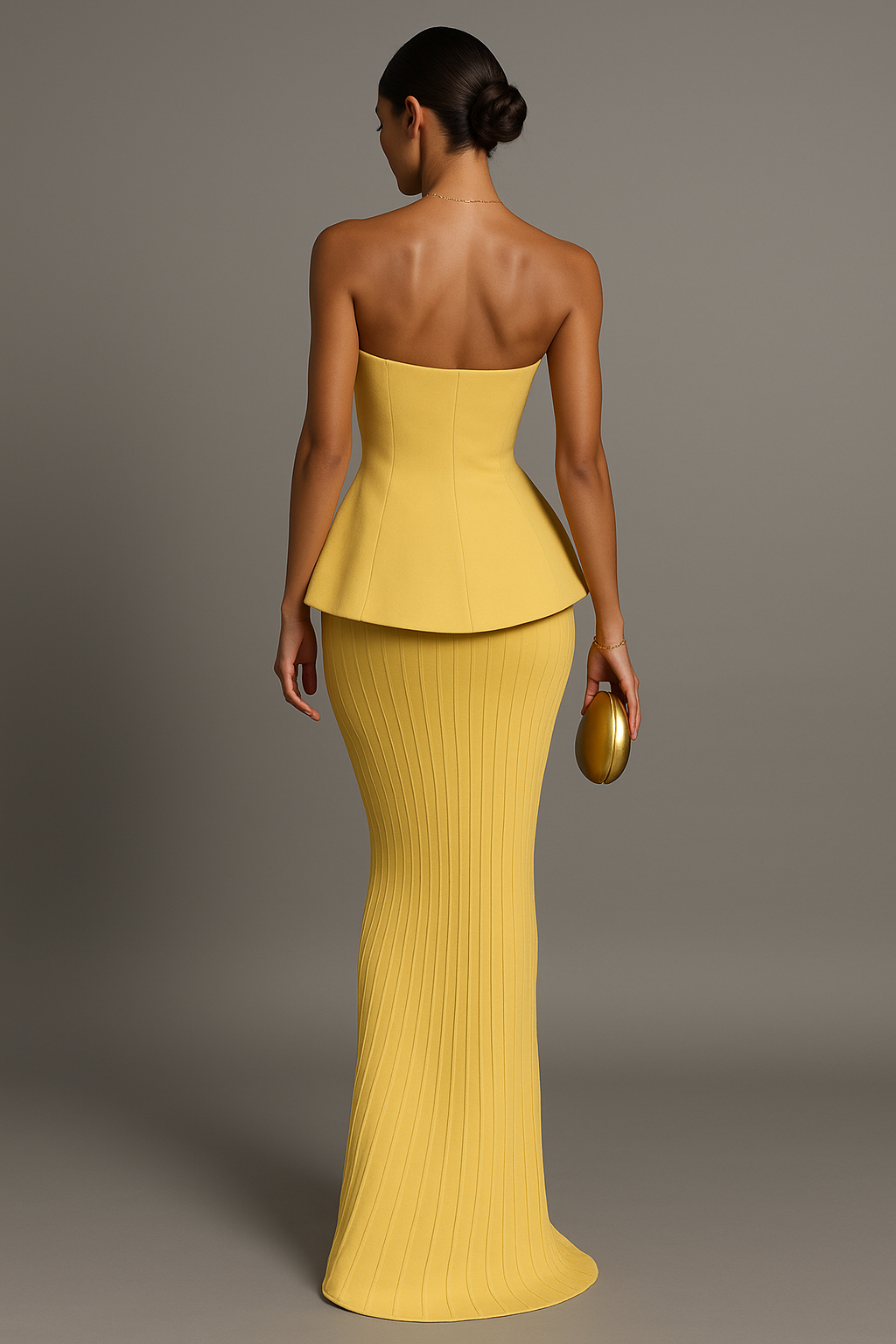 Vibrant yellow strapless maxi dress for women, an elegant long formal gown for evening parties.