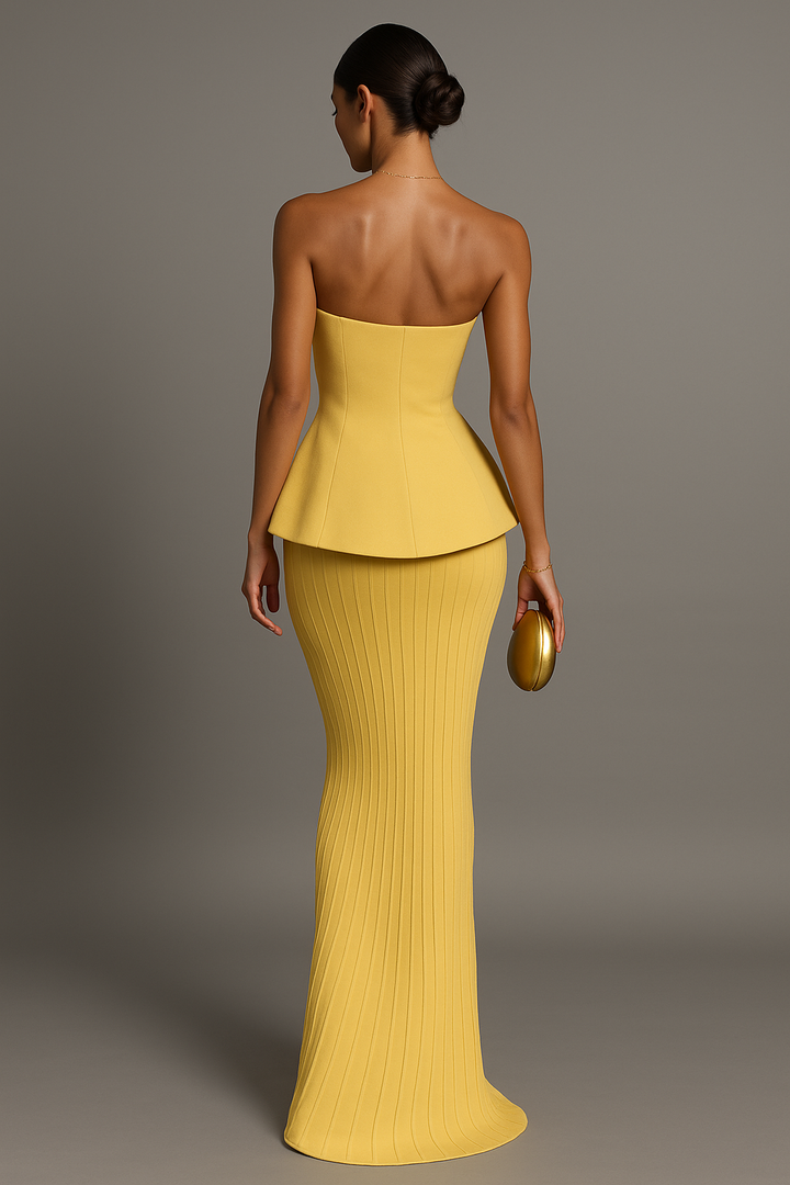 Vibrant yellow strapless maxi dress for women, an elegant long formal gown for evening parties.