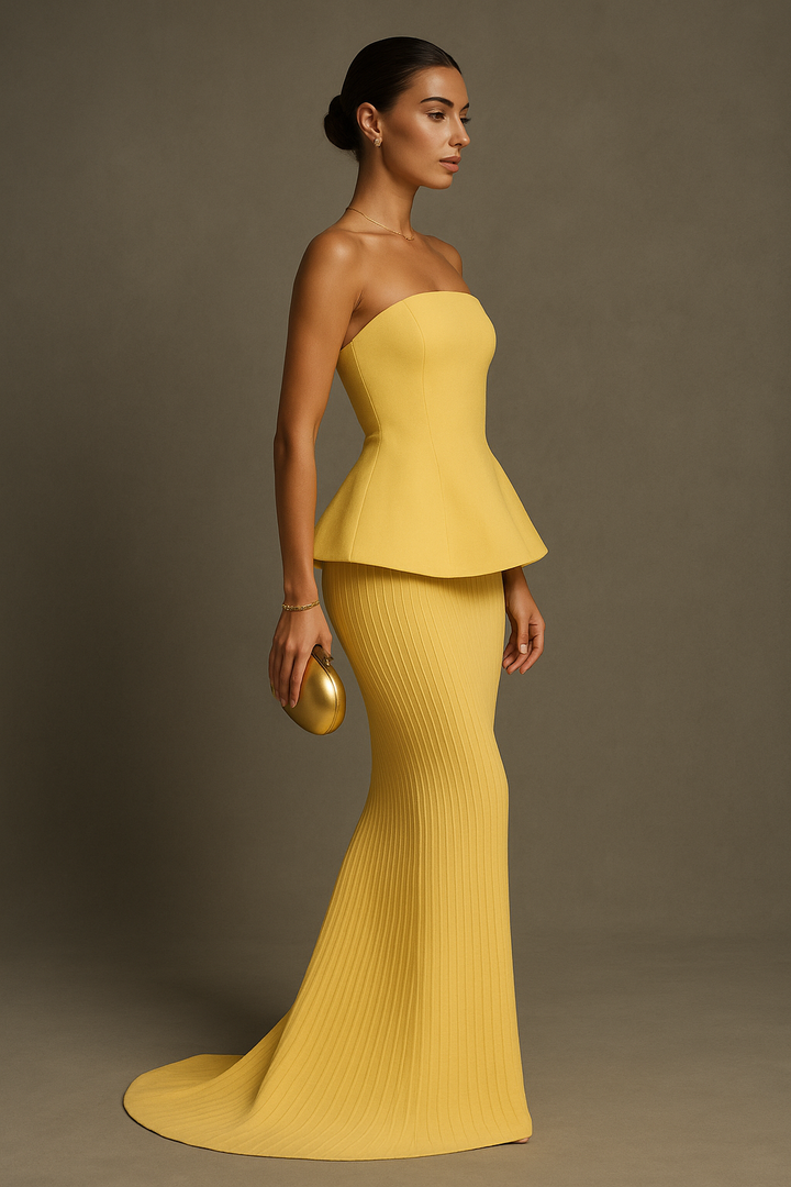 Flowy yellow strapless evening dress, a women's elegant formal maxi gown for special occasions.