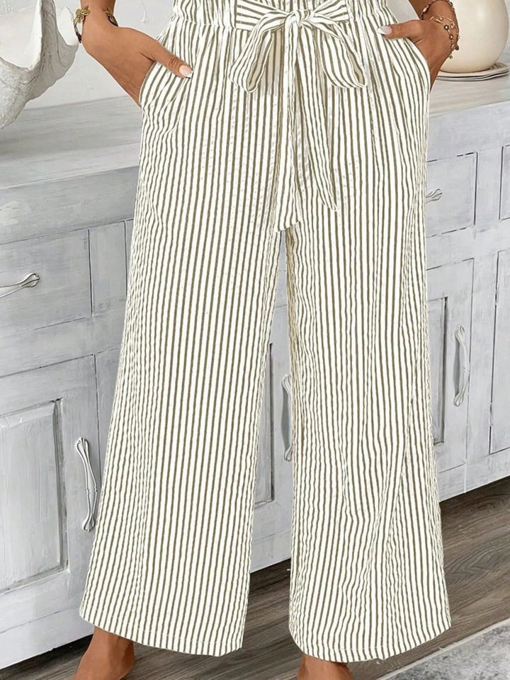 Comfortable and flowy women's striped wide leg pants with an adjustable paperbag waist.