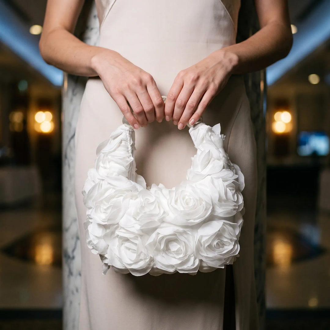Women's half moon floral evening bag with elegant 3D flower details, perfect for weddings & parties.