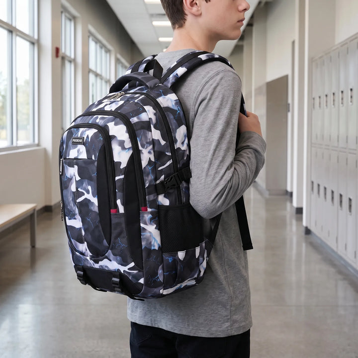 Unisex structured school backpack in black, ideal for daily essentials & student use, durable design.