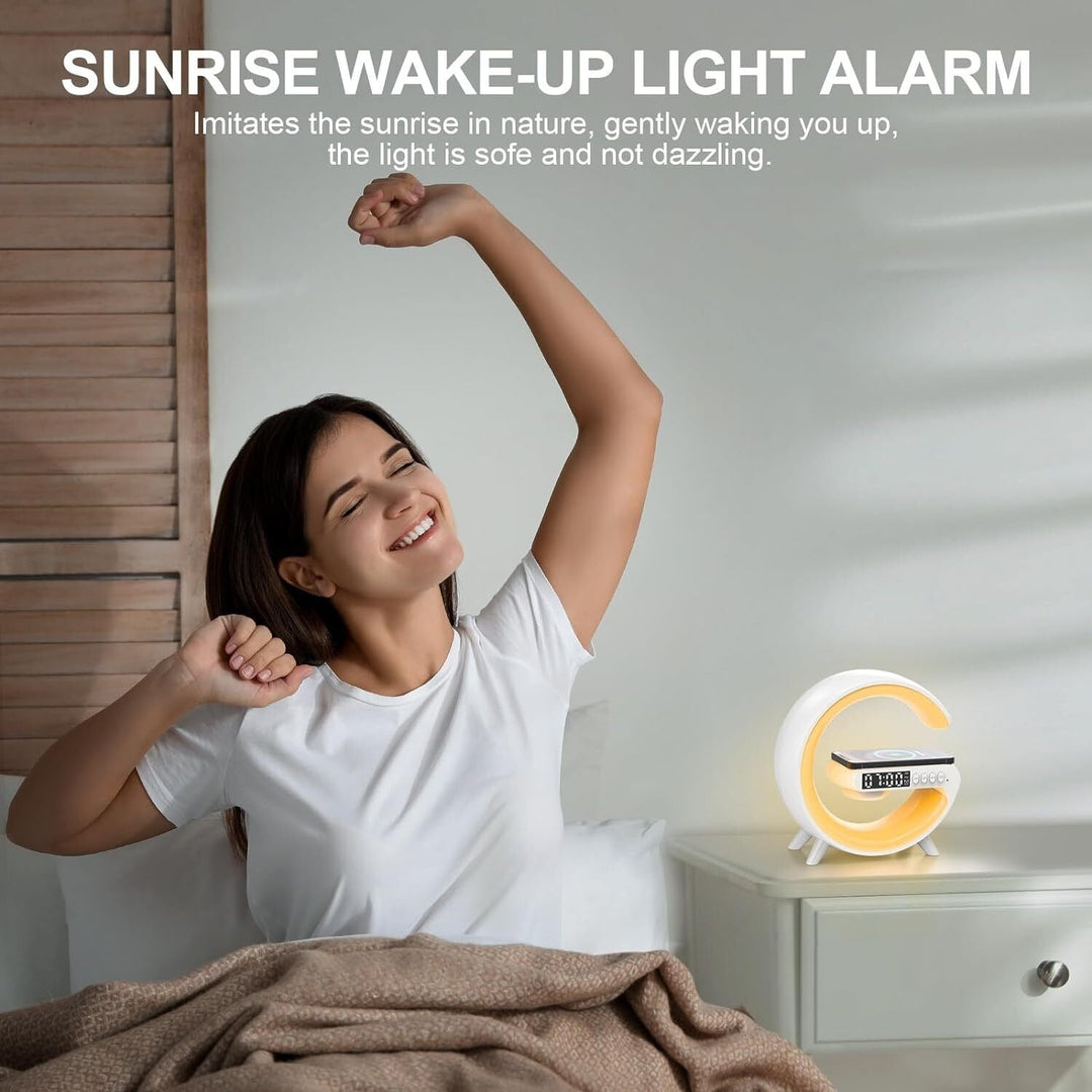 Sleek smart alarm clock offering wireless charging, a Bluetooth speaker, and a calming RGB night light.