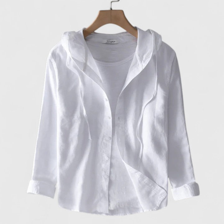 Chic women's long-sleeve hooded blouse; versatile top for casual layering & ultimate comfort. Everyday fashion.